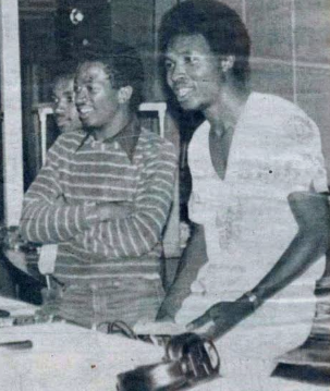 HistorySAZAR's tweet photo. 1981: Treasure Tshabalala in action at a disco held at the University of Fort Hare. With him is Zolisa Mnyango. Image Source: Indaba. https://t.co/9GgQs0Fx6o