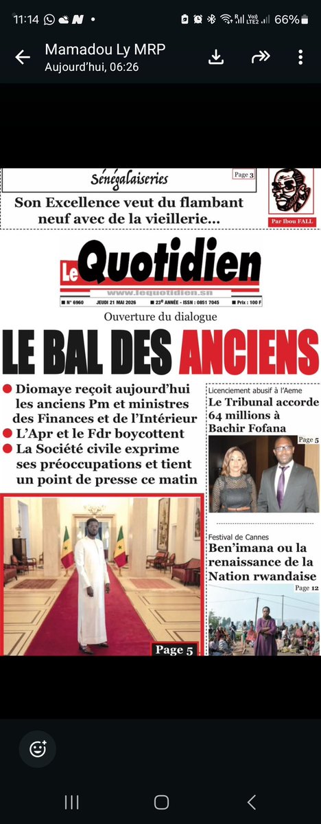 ibra_mamoudou's tweet photo. #Sénégal

DIALOGUE ET "4ÈME SOUS-SOL"

Je pose cette question au pouvoir de Diomaye-Sonko : peut-on vilipender les anciens gouvernants, en pointant la responsabilité de certains d'entre eux dans la dette dite cachée et en parlant même de "4ème sous-sol", tout en les invitant à la discussion comme apporteurs de solution à la crise économique et financière du pays ?
Ce régime est lui-même une grande contradiction. Mais, au moins, cela a le mérite d'être clair : l'accusation n'était pas solide. 

Au moment où le président de la République reçoit les anciens Premiers ministres et les anciens ministres des Finances et de l'Intérieur, les pensées vont forcément vers feu Mamadou Moustapha Ba.

Après cet aveu d'impuissance, il ne reste plus qu'à réhabiliter le défunt ministre de l'Économie et des Finances du Sénégal. En toute logique.

Allez Les Deux, ne soyez pas orgueilleux. C'est une question de justice.

#Co_construction
#mik