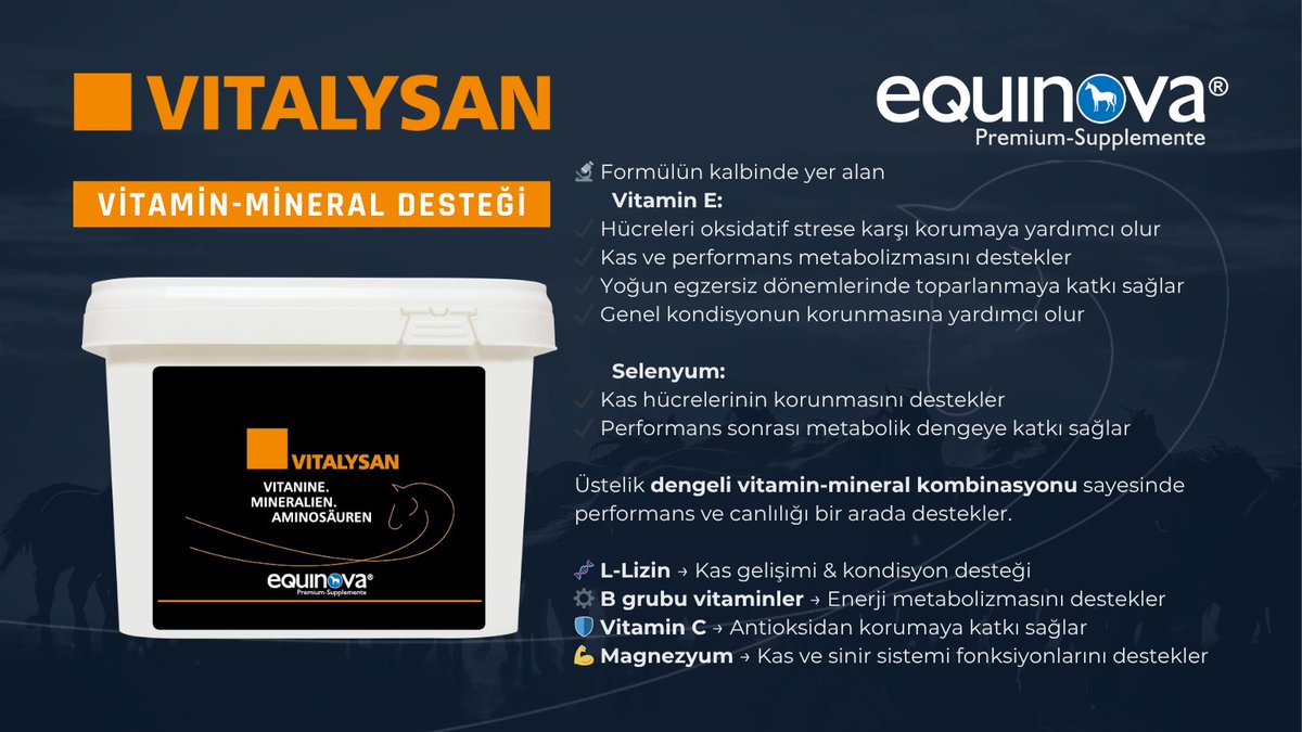 AkcanVitamin's tweet photo. Temel DESTEK, Yüksek PERFORMANS

Equinova® VITALYSAN

⚡ Vitamin E &amp; Selenyum ile kas ve performansı destekler
🧬 L-Lizin ile kondisyon gelişimine katkı sağlar
💪 Vitamin &amp; mineral kombinasyonu ile günlük canlılığı destekler

#VITALYSAN #Equinova #PerformansDesteği #VitaminE https://t.co/2dvgufibCv