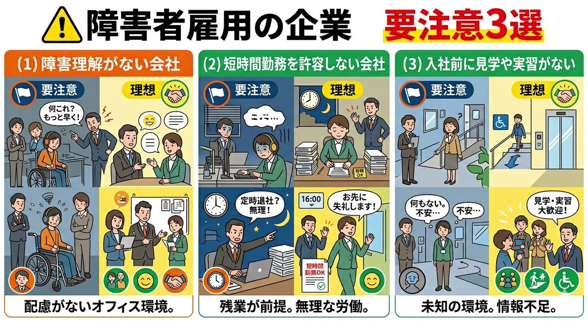 yuta_yoyu's tweet photo. ⚠️障害者雇用の企業　要注意3選

みんなの会社はどう？

・障害理解がない会社
　障害が理由でできないことをガン無視する傾向あり
・短時間勤務を許容しない会社
　障害特性で短時間しか働けなくても、仕事はできる
・入社前に見学や実習がない
　障害者の離職率は高いのに、予防線がないと見える