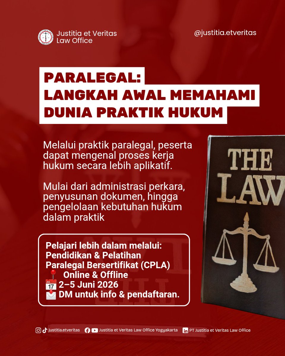 jevloyk's tweet photo. Memahami dunia praktik hukum membutuhkan lebih dari sekadar teori.

Melalui praktik paralegal, peserta dapat mengenal proses kerja hukum secara lebih aplikatif, mulai dari administrasi perkara hingga penyusunan dokumen hukum.

📩 DM untuk info Sertifikasi Paralegal Bersertifikat https://t.co/joFGM683f2