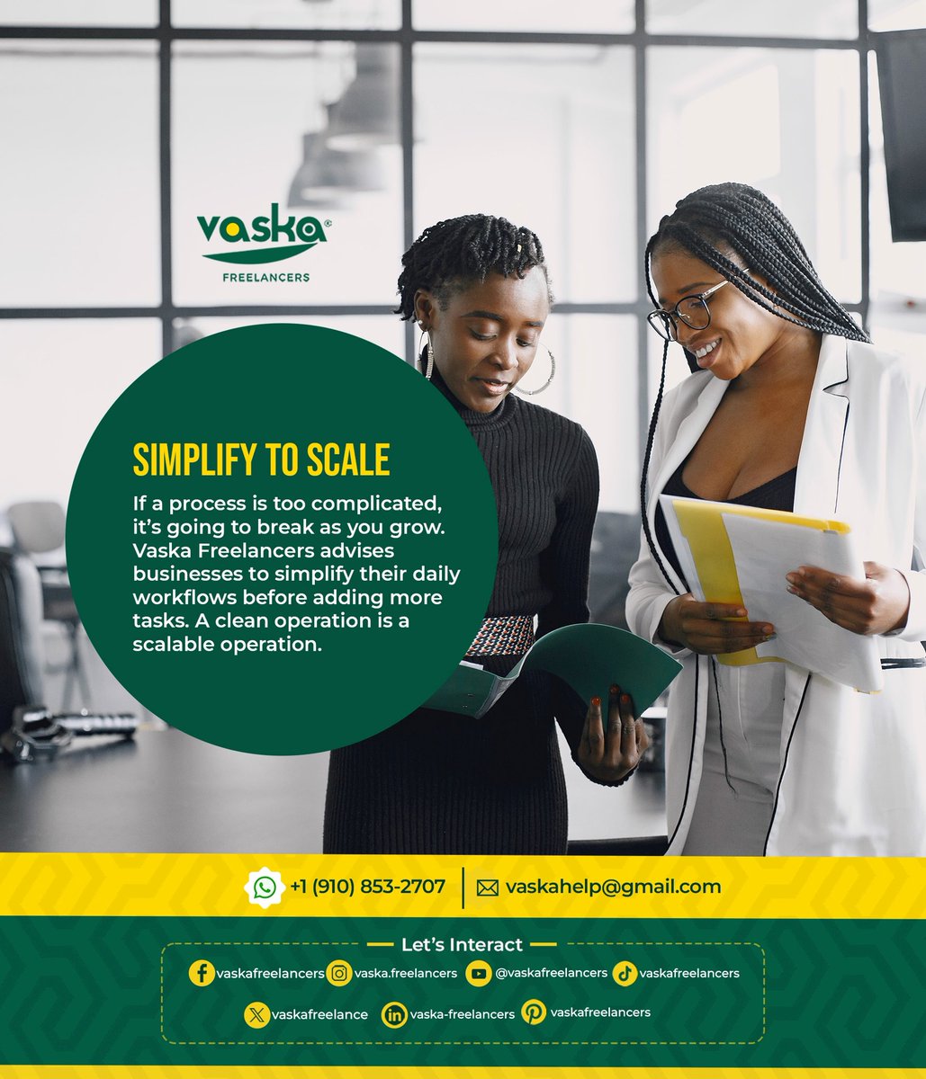 vaskafreelance's tweet photo. Simplify to Scale
If a process is too complicated, it’s going to break as you grow. Vaska Freelancers advises businesses to simplify their daily workflows before adding more tasks. A clean operation is a scalable operation.
#BusinessTips #VaskaFreelancers #SimplifySuccess #Scalability #EfficientWork