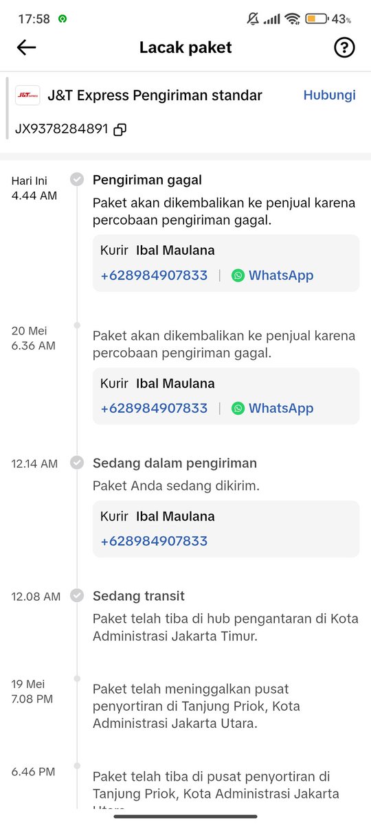 imnaych's tweet photo. Pelayanan terburuk! @jntexpressid 
Sudah curiga dari tanggal 16 Mei. Di tanggal 17 Mei paket diantarkan tapi tengah malam, lalu gagal dan ada notif pake akan dikembalikan ke penjual karena percobaan pengiriman gagal. 

Cok sapa yang mau nerima paket jam 12 malem? Pocong n kunti? https://t.co/khFI1xSMMt