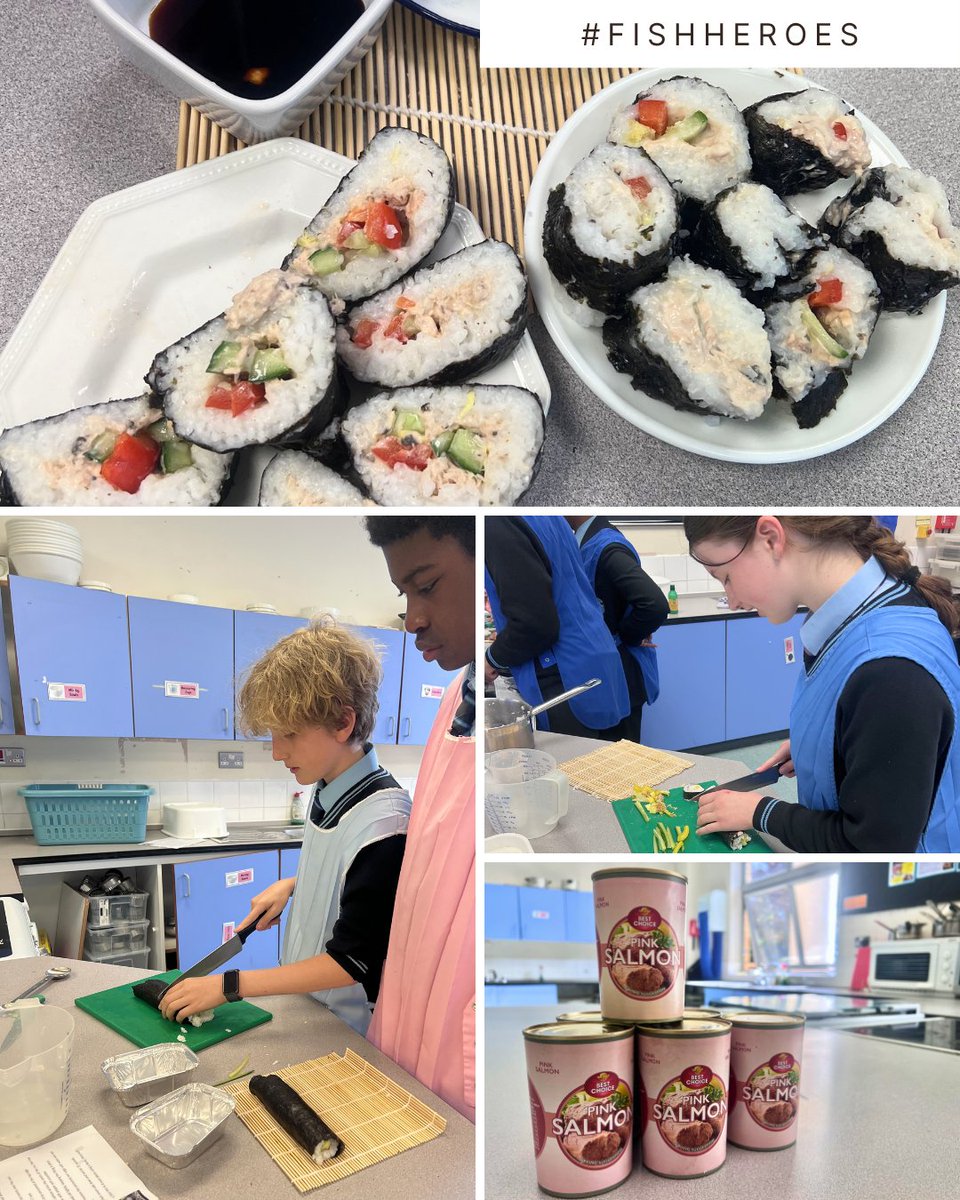 MorpethSch's tweet photo. As part of the national @HeroesFish programme, we were pleased to receive a delivery of salmon. Year 8 used the fish to make sushi. They made their own sushi rice, chopped their veg, seasoned the salmon & rolled their own maki. Thank you @alaskaseafooduk @dfdsglobal #FishHeroes https://t.co/M0jndLrKEy