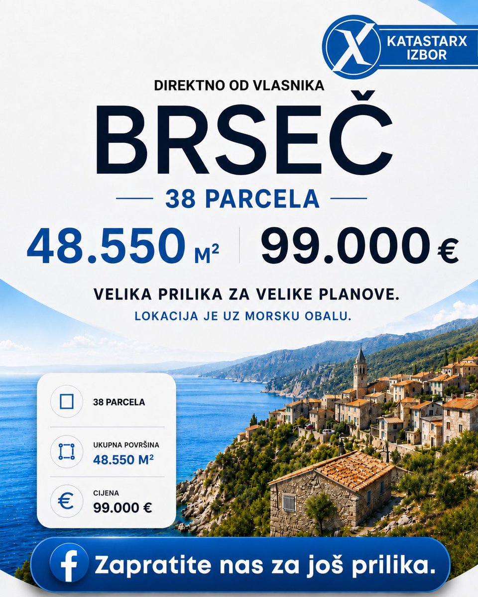 katastarx's tweet photo. 38 parcela uz more i blizu mora, ukupno 48.550 m² za 99.000 €. Negrađevinsko zemljište s dugoročnim potencijalom, prodaja direktno od vlasnika. Info: +385 98 326 923. KatastarX je info oglas, za detalje se obratite vlasniku. https://t.co/Kq8Om1KBvf