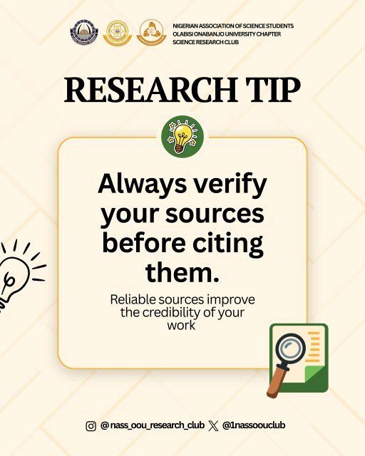 1nassoouclub's tweet photo. ๐งช RESEARCH TIP (Part 1)
Not every source you find online is reliable.
Strong research begins with using credible and verifiable information.
Always take time to evaluate your sources before citing them. ๐
#ResearchTip https://t.co/H4ZVIrvRof