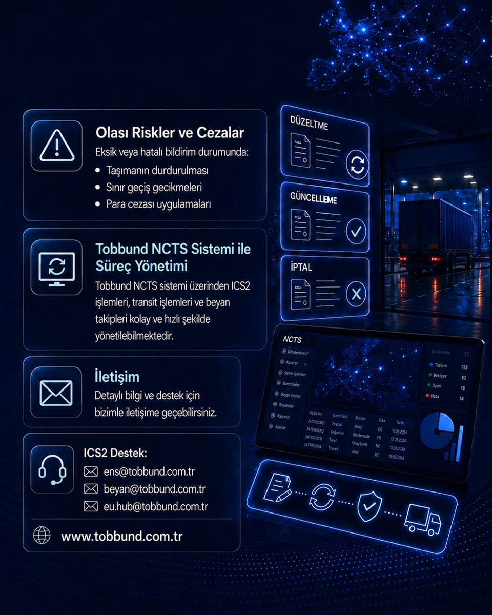 TOBBUND's tweet photo. [TR]

📢 NCTS Faz-6 Geçiş Süreci 1 Haziran 2026 itibarıyla başlıyor

ENS / ICS2 işlemlerinizi TOBBUND NCTS sistemi üzerinden güvenli ve hızlı şekilde gerçekleştirebilirsiniz.

📩 Detaylı bilgi için:
ens@tobbund.com.tr
beyan@tobbund.com.tr
eu.hub@tobbund.com.tr

[EN]

📢 The NCTS Phase 6 Transition Process begins as of 1 June 2026.

You can securely and quickly process your ENS / ICS2 operations through the TOBBUND NCTS system.

📩 For detailed information:
ens@tobbund.com.tr
beyan@tobbund.com.tr
eu.hub@tobbund.com.tr

#tobbund #bridgingborders #ncts #faz6 #nctsfaz6 #nctsphase6