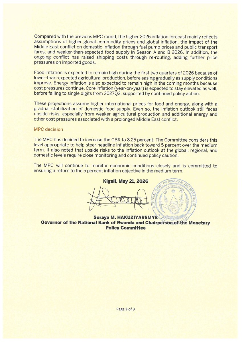 CentralBankRw's tweet photo. 𝐏𝐑𝐄𝐒𝐒 𝐑𝐄𝐋𝐄𝐀𝐒𝐄: The Monetary Policy Committee has decided to increase the CBR to 8.25 percent. The Committee considers this level appropriate to help steer headline inflation back toward 5 percent over the medium term. It also noted that upside risks to the inflation outlook at the global, regional, and domestic levels require close monitoring and continued policy caution. 

The MPC will continue to monitor economic conditions closely and is committed to ensuring a return to the 5 percent inflation objective in the medium term. 

Read the full press release: https://t.co/Ei0x7xF5Ml

#MPC2026
#BNREngage 
#KnowYourCentralBank