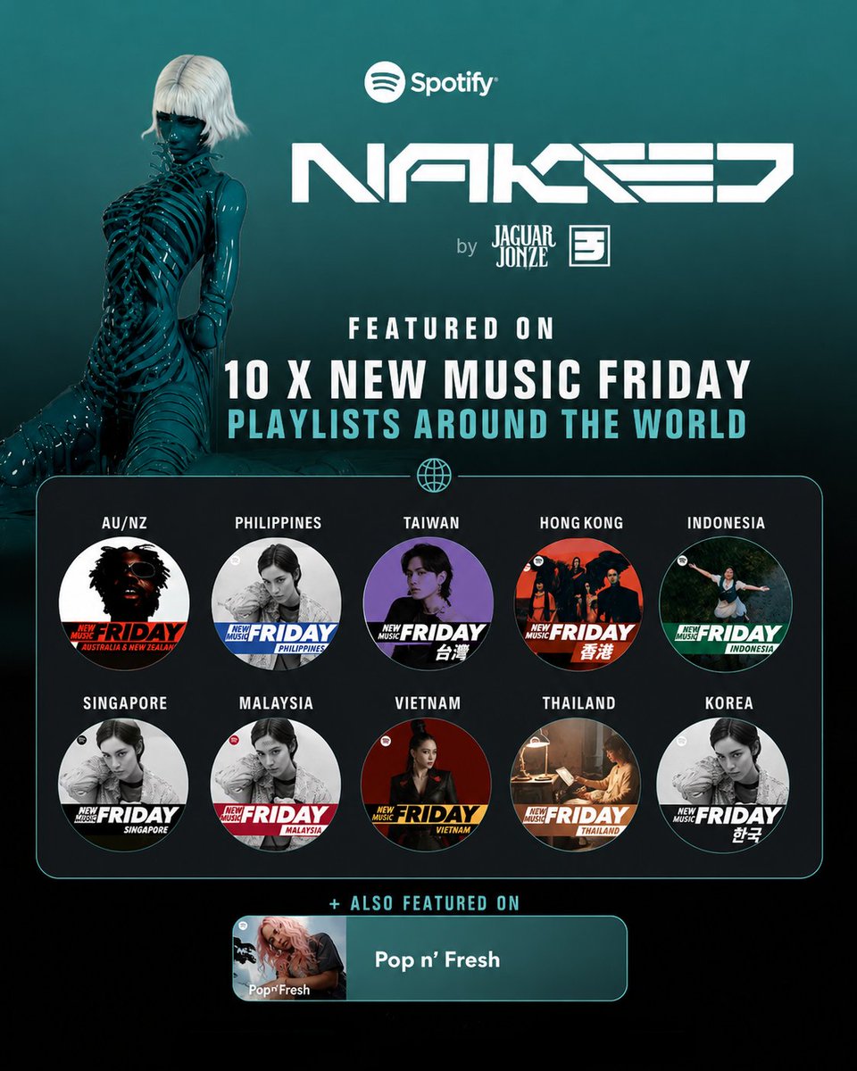 JaguarJonze's tweet photo. 'Naked' made it onto 10 × New Music Friday playlists around the world 🥹🤍

Australia/New Zealand, Philippines, Taiwan, Hong Kong, Indonesia, Singapore, Malaysia, Vietnam, Thailand + Korea… thank you for listening &amp; sharing. https://t.co/GxWfyDdg8q