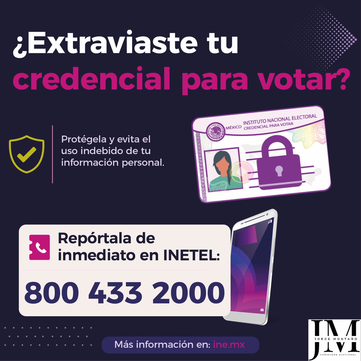 Montano_Ventura's tweet photo. ¿Extraviaste tu credencial para votar? 🪪

¡Protégela y evita el uso indebido de tu información personal! 🔒

📞 Repórtala de inmediato al INETEL: 800 433 2000
🔗 Consulta más información en 👉 https://t.co/yNVAazLYNs

#TuParticipaciónCuenta 🗳️
#VivamosLaDemocracia https://t.co/nTICMRvQcW