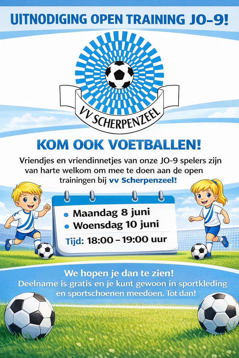 VVScherpenzeel's tweet photo. 💙 Kom naar de open training van VV Scherpenzeel JO‑9 en ontdek hoe leuk voetbal is! ⚽ 

Neem je vriendjes  mee — iedereen is welkom om mee te doen.  

#scherpenzeel #VVScherpenzeel #jeugdvoetbal #blauwwitters #voetbalenplezier https://t.co/sN3TSuLXh4