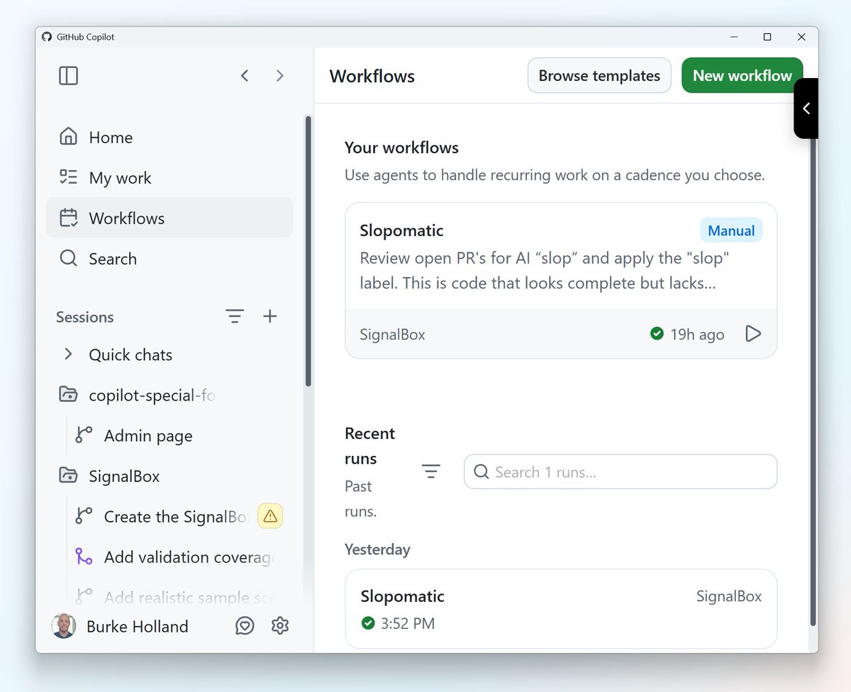 GitHub Copilot App Workflows screen showing recurring workflow cards and recent runs