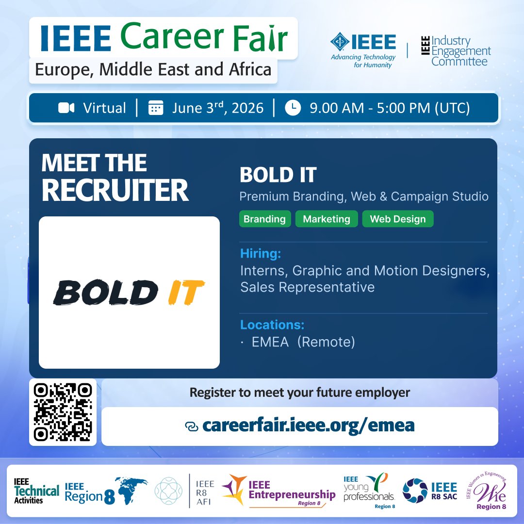 ieee_industry's tweet photo. Meet our recruiter: BOLD IT 🤝

BOLD IT is a premium branding, web and campaign studio with over a decade of experience. 

They're joining the IEEE Career Fair EMEA with Graphic &amp; Motion Design, Marketing, and Sales opportunities.
📌 Register now: https://t.co/mBRMMkjXqe https://t.co/3AHo4R4B2W