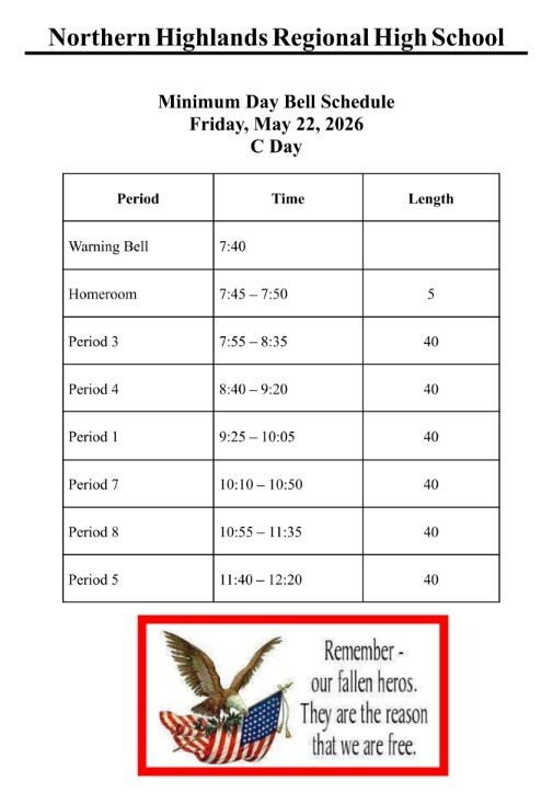 nhrhs1's tweet photo. Please note that tomorrow, 5/22, NH will follow a minimum day bell schedule. https://t.co/EmuLPqByCM