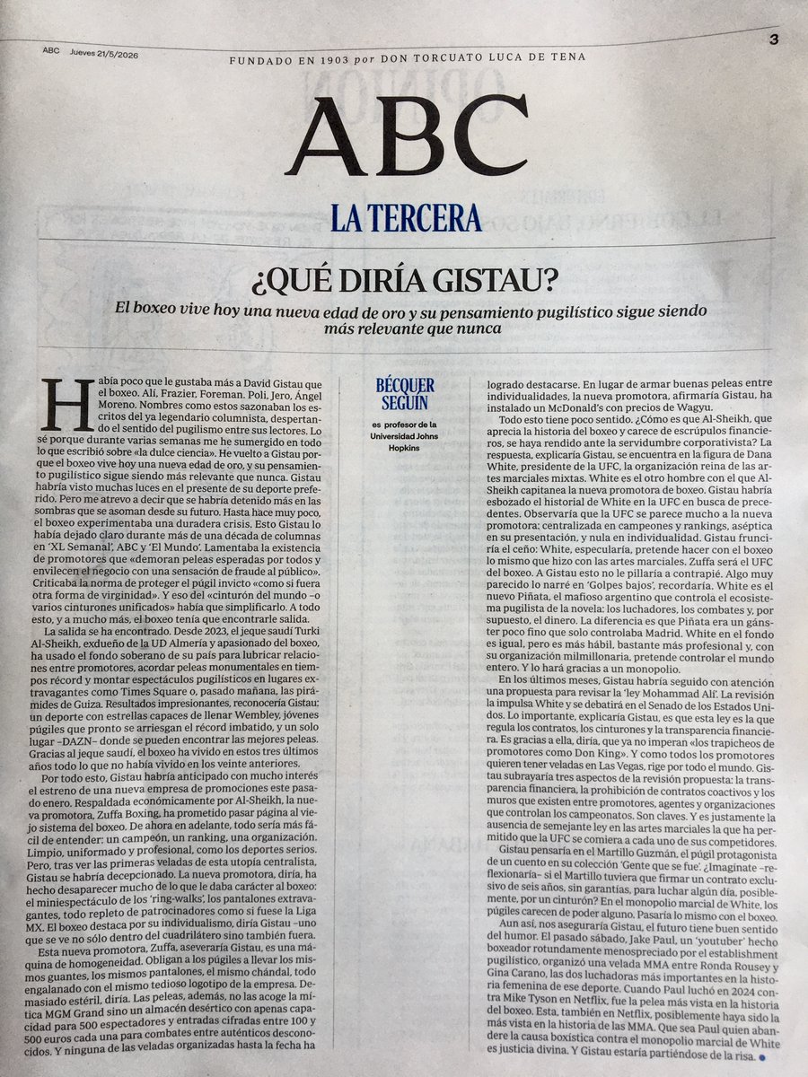 CongresoDPYL's tweet photo. 🗞 HOY LA TERCERA de @abc_es la fima @bcqer con un artículo enorme dedicado a #DavidGistau su legado y el boxeo como telón de fondo. Bajo el título:¿Qué diría Gistau? 
📕🥊 El evento @CongresoDPYL #DePuñoyLetra condensa parte de la esencia de este texto. 
https://t.co/qFfNuinHi4 https://t.co/2YBFq3eHEO