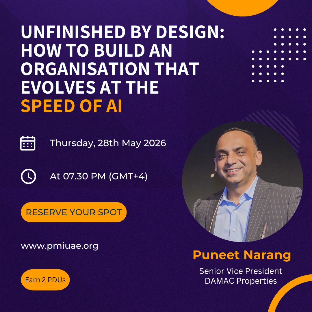 PMIUAEChapter's tweet photo. 🚨 Webinar Alert

Transformation isn't a project anymore — it's a permanent operating posture.

Join Puneet Narang, SVP Transformation Office at DAMAC Properties, as he shares how to build organizations that evolve at AI speed.

https://t.co/KIb3uY9IA9 https://t.co/xeMxwCRjWS