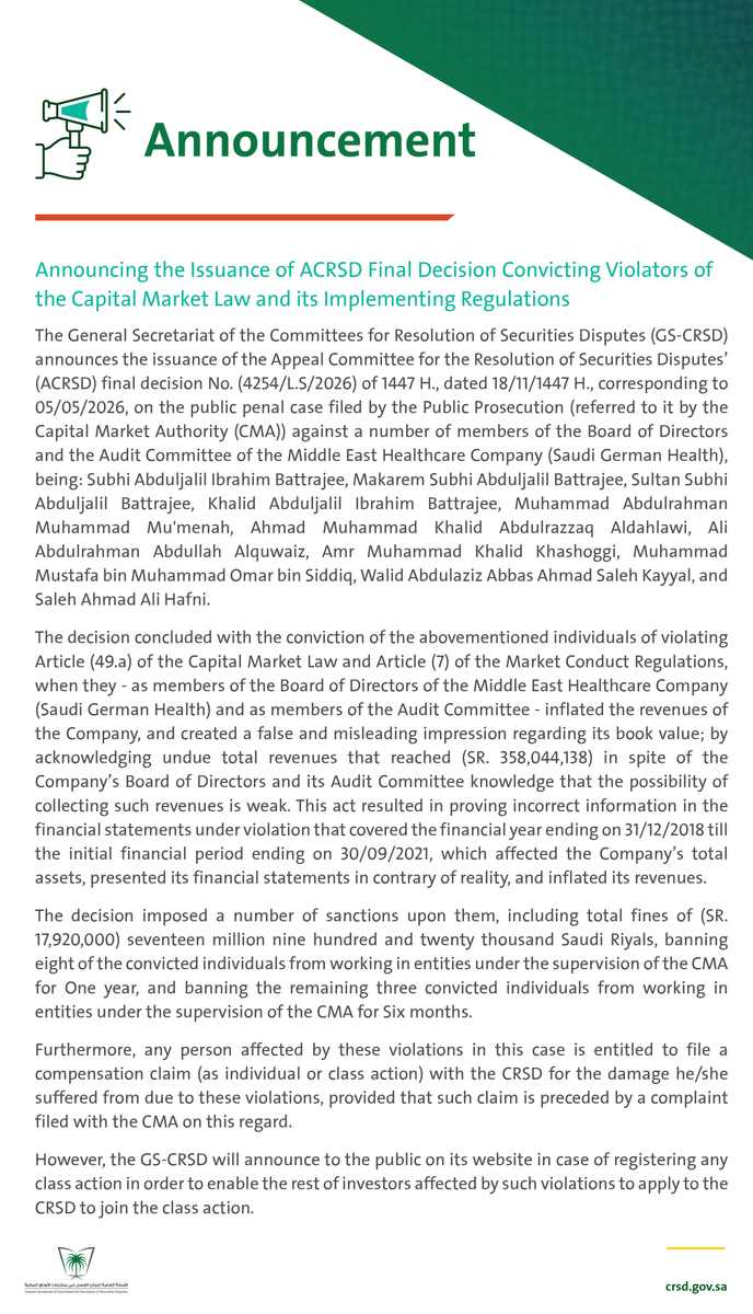 SAUDICRSD's tweet photo. Announcing the Issuance of ACRSD Final Decision Convicting Violators of the Capital Market Law and its Implementing Regulations

https://t.co/2v0YMLfSyC https://t.co/uLFRqVAa12