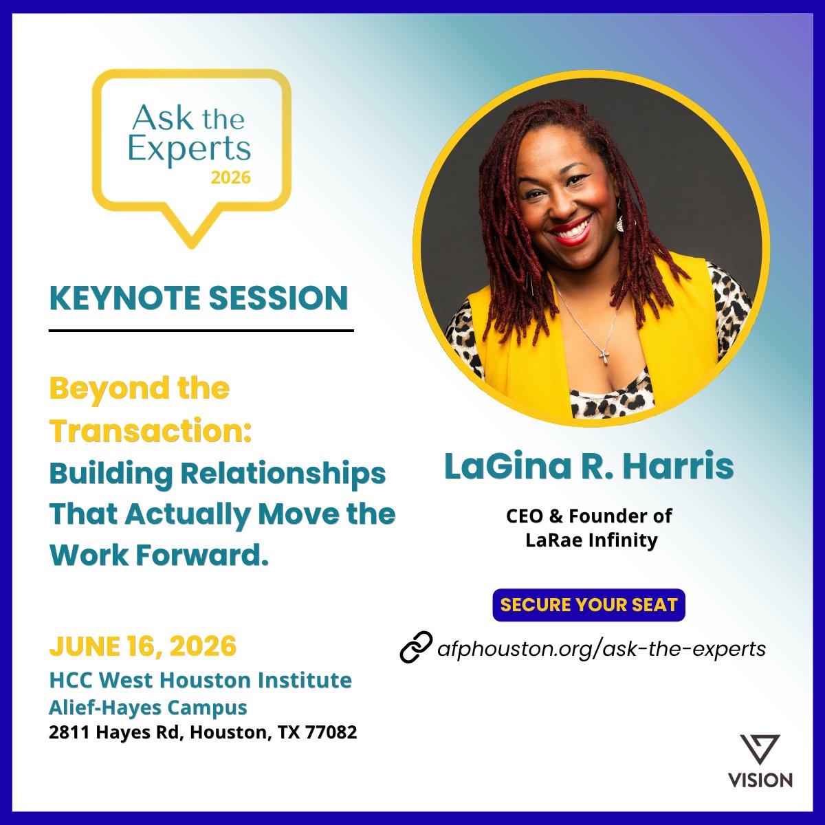 AFPHouston's tweet photo. Meet our keynote speaker: LaGina R. Harris, CEO &amp; Founder of LaRae Infinity. LaGina is a social impact entrepreneur and founder whose areas of expertise span networking, community building, and much more. Early bird pricing ends this Friday, so secure your spot now. https://t.co/8Mr5kxBERu