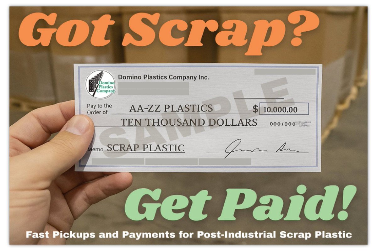 Domplas's tweet photo. Got Scrap? Get Paid! Domino Plastics offers fast nationwide pickups and competitive prices for post-industrial plastic scrap - most types and forms. Reliable service since 1984. Contact us today: Joe@domplas.com, call (631) 751-1995, text (516) 972-5632, https://t.co/k5uUkJPeEg. https://t.co/UjAHk9wqZK