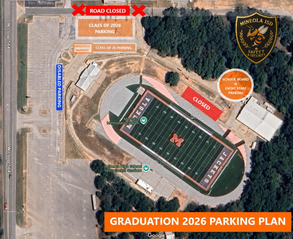 mineolahigh's tweet photo. Here is a map for graduation parking on Friday night. Please be mindful of temperature and possibility of precipitation. For any needs or wheelchair situations we will have golf carts available for transport as well as extra seating on the track. https://t.co/P8kBuihgnV
