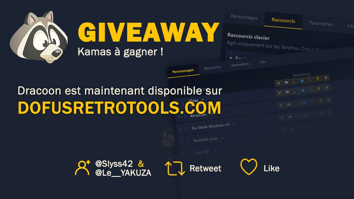 Slyss42's tweet photo. 🦝 La V3 de Dracoon est disponible sur GitHub… et sur Dofus Rétro Tools !

Pour fêter ça, je vous fais un petit giveaway : 10M à gagner sur Hell Mina (de quoi abonner vos comptes sur Dofus Rétro).

Follow @Slyss42 + @Le__YAKUZA, retweetez et likez ce post.

TAS : 28/05 https://t.co/WS74e8WFa8