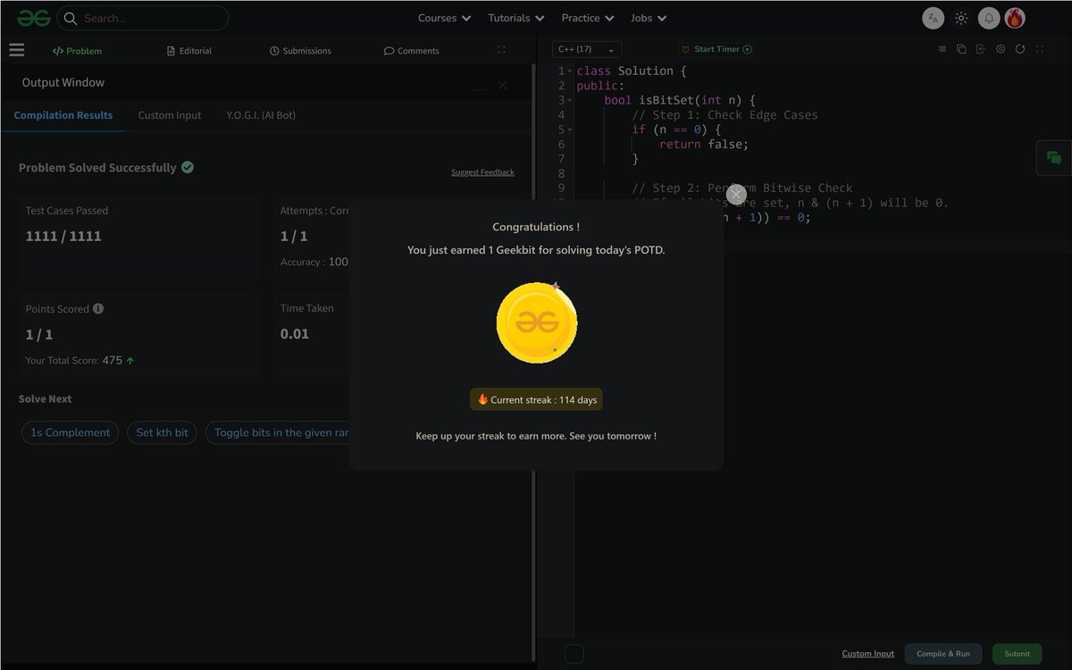 PankajB42550's tweet photo. 🚀 #Day 114/100 (Check if All Bits Set @GeeksforGeeks – #Daily)!

Key: (n &amp; (n + 1)) == 0 for numbers with all bits set.

✓ O(1) | O(1)
✓ Accepted

@CoderArmy #100DaysOfCode #DSA #BitManipulation #DSA26 #DAY114 https://t.co/8t7Gcz2Dk6