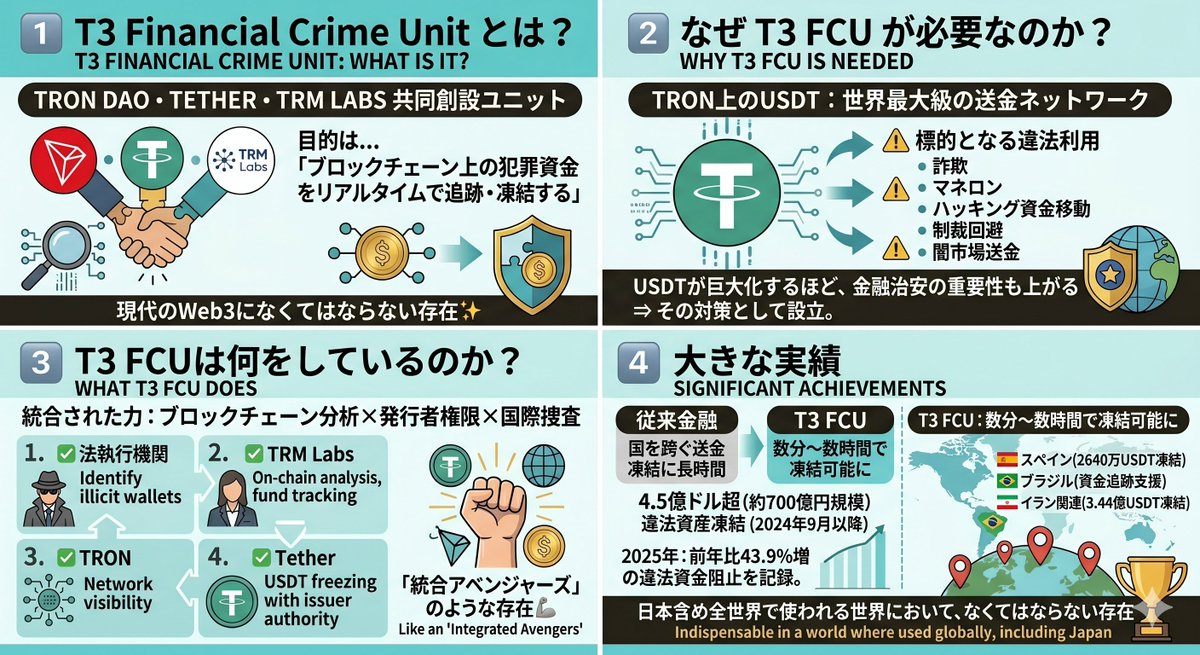 tottyweb's tweet photo. T3 Financial Crime Unit🛡

世界中で 4 億 5 千万$以上の
不正資産の凍結をサポート🤝

ハッキング被害が多発する昨今...
今こそ「T3金融犯罪対策ユニット」
についてチェックしましょう✅

1⃣T3 Financial Crime Unitとは？

TRON DAO、Tether、TRM Labs
３者が共同で創るユニットで
目的は...
「ブロックチェーン上の犯罪資金を
リアルタイムで追跡・凍結する」
現代のWeb3になくてはならない存在✨

2⃣なぜT3 FCUが必要なのか？

世界最大級の送金ネットワークとして
利用されているTRON上のUSDTには
当然狙われます...
⚠️詐欺
⚠️マネロン
⚠️ハッキング資金移動
⚠️制裁回避
⚠️闇市場送金
などの違法利用です😢

USDTが巨大化するほど
「金融治安」の重要性も上がる
⇒そこで作られたのがT3 FCUです。

3⃣T3 FCUは何をしているのか？

✅法執行機関
→違法ウォレットを特定
✅TRM Labs
→オンチェーン解析・資金追跡
✅TRON
→ネットワーク可視性提供
✅Tether
→発行者権限でUSDT凍結

つまり
「ブロックチェーン分析」
×
「ステーブルコイン発行権限」
×
「国際捜査」
を統合したアベンジャーズです🦾

4⃣大きな実績

従来金融では国を跨ぐ送金凍結に
かなり時間がかかりました。
一方でT3 FCUでは
“数分〜数時間単位”で凍結対応が
可能になるケースもあります。

2024年9月設立以降、T3 FCUは
4.5億ドル超（約700億円規模）
の違法資産を凍結。
さらに2025年には
前年比43.9%増の違法資金阻止を記録。

活動地域も
✅23の管轄区域
✅5大陸
まで拡大しています。

＜代表例＞
🇪🇸スペイン
→2640万USDT凍結
🇧🇷ブラジル
→犯罪資金追跡支援
🇮🇷イラン関連
→3.44億USDT凍結

日本含めステーブルコインが
全世界で使われる世界において
なくてはならない存在です🏆
#TRONGlobalFriends #TGF 
@trondao @TronDao_JPN