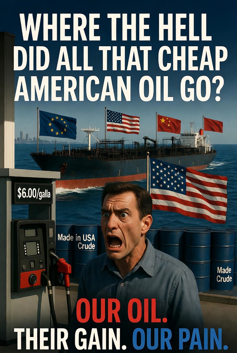 BrianKuszmar's tweet photo. I just paid $5.59 per gallon for Diesel fuel.
Where the hell did all that cheap American oil go?

I'll tell you exactly where: it's sailing straight to Europe and Asia, where foreign buyers are happily paying premium prices.  We're the world's #1 oil producer, pumping a record 13.6 million barrels per day. Yet U.S. companies are exporting over 5 million barrels of crude every single day, much of it to Europe and Asia, because that's where the bigger profits are. 

Oil doesn't care about flags or patriotism. It's a global commodity that flows to the highest bidder.  So if we actually want cheaper gas at the pump here at home, American drivers will have to outbid those overseas markets and pay even higher prices ourselves… or watch the tankers keep sailing away full while we foot the bill at the pump.

Looks like the promise Trump made of a short war, cheap, plentiful oil for Americans, drill baby drill,  and now, fuel prices going back to normal was either a miscalculation, or a lie?

And it seems like it's only going to get worse. :(