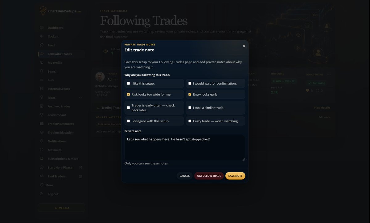 ChartsandSetups's tweet photo. You can follow a fellow trader/member and get notified of their trades but you can also just follow single or multiple trades. Add your own notes to a trade and come back later to see the progress. Get notified if anything changes for a particular trade you follow. https://t.co/Vkm15FRVNv