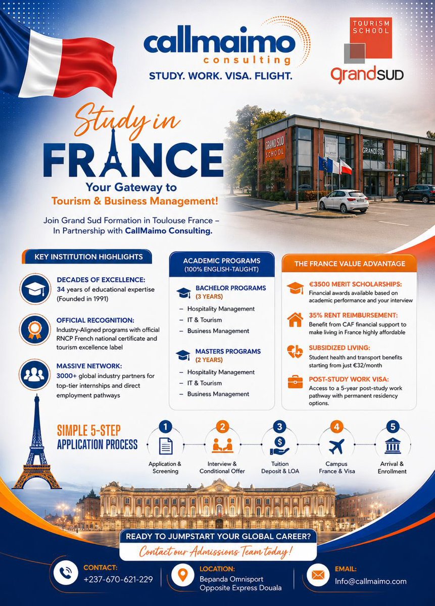 Callmaimo237's tweet photo. Ready to Launch Your Global Career in Tourism &amp; Business Management? 🌍✈️
Dreaming of studying in France? CallMaimo Consulting has partnered with Grand Sud Formation in Toulouse to bring you world-class, 100% English-taught Bachelor and Master programs! https://t.co/8UXiGXOxfe