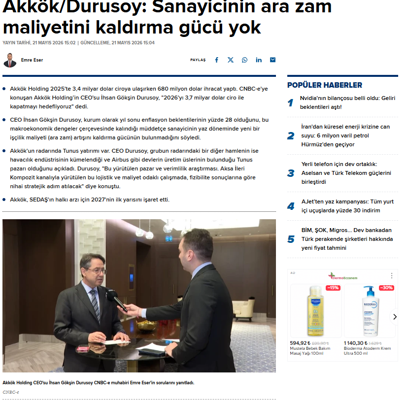emreeser0's tweet photo. Akkök Holding’in CEO'su İhsan Gökşin Durusoy:
🔴Bu makroekonomik dengeler çerçevesinde kalındığı müddetçe sanayicinin yaz döneminde yeni bir işçilik maliyeti (ara zam) artışını kaldırma gücünün bulunmuyor.
🔴Enflasyonu kırmak adına uygulanan sıkılaşma adımlarının sanayici için acı bir reçete anlamına geldiğini belirten Durusoy, kalıcı istikrar için bu maliyete katlanılması gerektiğini vurguladı. 
🔴Döviz kurunda kısa vadeli sıçrama beklentilerinin ihracatçıya kalıcı bir çözüm sunmadığına dikkat çeken Durusoy, kur artışının birkaç ay içinde yeniden maliyet enflasyonuna dönüştüğü bir kısır döngüye işaret ederek, mevcut dönemde yegane çıkış yolunun operasyonel verimlilik olduğunu ifade etti.
🔴Akkök'un radarında Tunus yatırımı var
İhsan Gökşin Durusoy, grubun radarındaki bir diğer hamlenin ise havacılık endüstrisinin kümelendiği ve Airbus gibi devlerin üretim üslerinin bulunduğu Tunus pazarı olduğunu açıkladı. Durusoy, "Bu yürütülen pazar ve verimlilik araştırması. Aksa İleri Kompozit kanalıyla yürütülen bu lojistik ve maliyet odaklı çalışmada, fizibilite sonuçlarına göre nihai stratejik adım atılacak" diye konuştu.
🔴İhsan Gökşin Durusoy, grubun radarındaki bir diğer hamlenin ise havacılık endüstrisinin kümelendiği ve Airbus gibi devlerin üretim üslerinin bulunduğu Tunus pazarı olduğunu açıkladı. Durusoy, "Bu yürütülen pazar ve verimlilik araştırması. Aksa İleri Kompozit kanalıyla yürütülen bu lojistik ve maliyet odaklı çalışmada, fizibilite sonuçlarına göre nihai stratejik adım atılacak" diye konuştu.
🔴Altyapı ve enerji bacağında ise Sakarya, Kocaeli, Düzce ve Bolu bölgesinin elektrik dağıtımını üstlenen SEDAŞ için kritik bir dönemece girildi. Durusoy, "Dağıtım şebekesinde arz güvenliğini sağlama yatırımları sürerken, şirket için Sermaye Piyasası Kurulu’na halka arz başvurusunda bulunuldu. Bu stratejik arzın, düzenleyici kurumun onay takvimine bağlı olarak önümüzdeki yılın ilk yarısında hayata geçirilmesi planlanıyor" dedi. (CNBC-e)