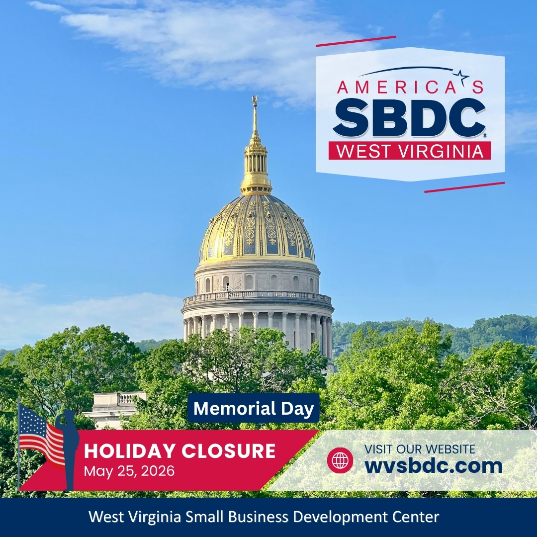 WVSBDC's tweet photo. The West Virginia Small Business Development Center (WV SBDC) offices are closed today, Monday, May 25, in observance of Memorial Day. We will reopen tomorrow, Tuesday, May 26.  
Remember: https://t.co/ajHPn2WDbI and https://t.co/AzGv9NQxRJ are always open! https://t.co/5E5zQzBA5R