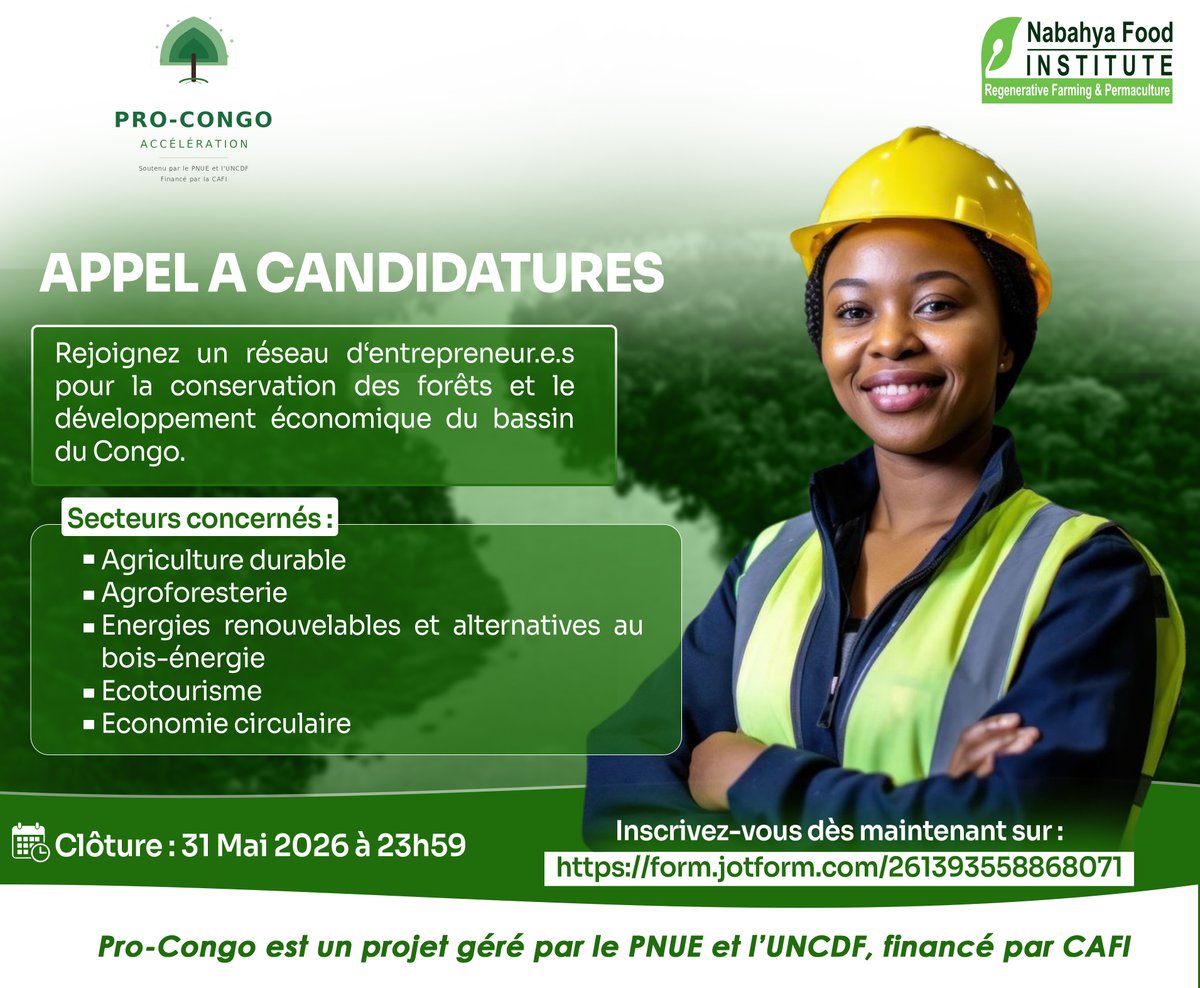 NabahyaG's tweet photo. 📣 Appel à candidatures | Pro-CONGO – ACCELERATION
Vous êtes une PME, une coopérative ou un GIE engagé dans l’agriculture durable, l’agroforesterie, les alternatives au bois énergie, l’écotourisme ?

👉 Postulez : https://t.co/eG61l6sy18
⏳ Clôture : 31 mai 2026. https://t.co/HsWn4die4c