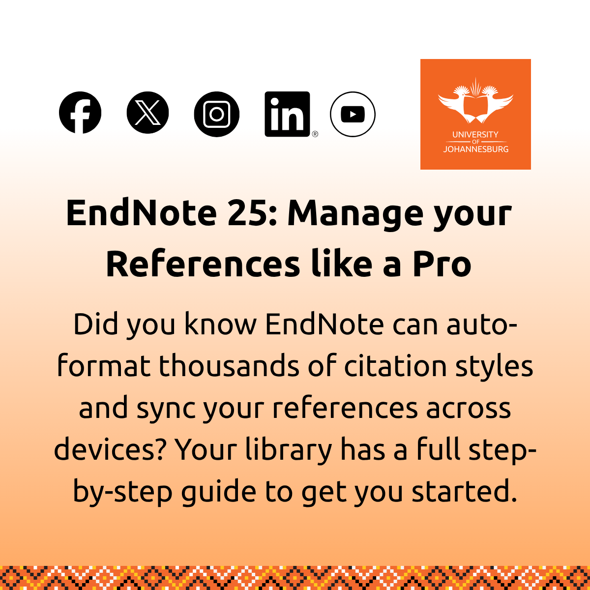 UJLibrary's tweet photo. UJ Library Weekly Quick Tips - EndNote 25: Manage your references like a Pro!
Did you know #EndNote25 can auto-format thousands of citation styles and sync references across devices? 
Get started with the UJ EndNote Guide:
🔗 https://t.co/nbyc2SKJ6q

#ResearchSupport https://t.co/R4a4KvjBrV