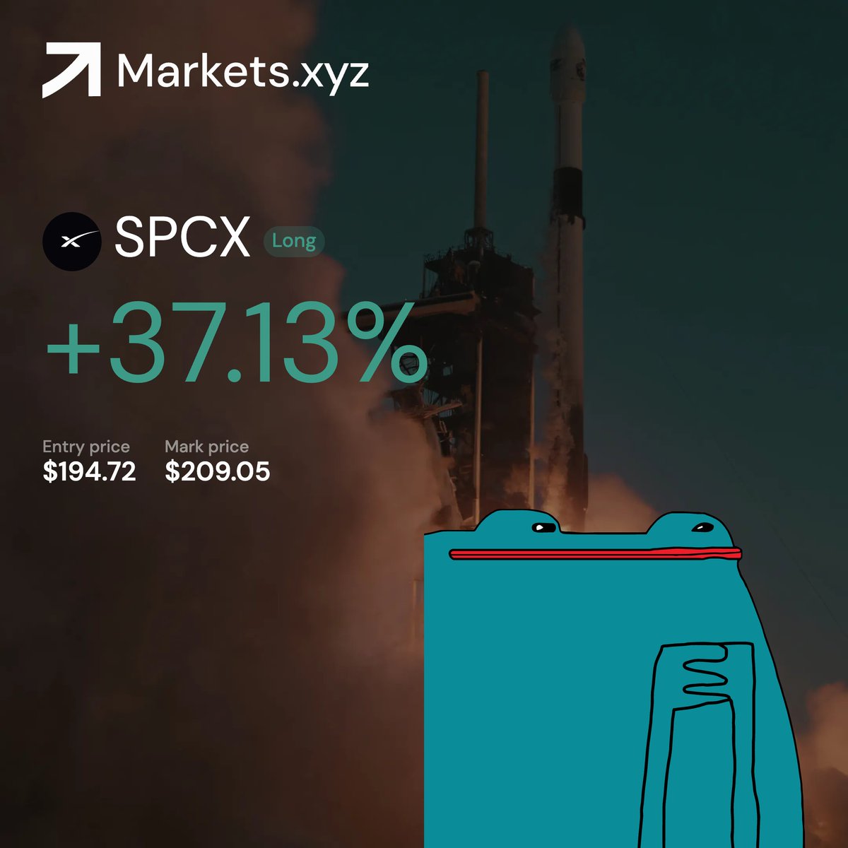 PDmytriiev's tweet photo. i've been writing about pre-IPO of @SpaceX perps for a week. felt right to actually be positioned in the thesis i keep posting.

long $SPCX. mark at $209.

@SpaceX is moving into its IPO filing now, and a share-price perp is the cleanest way to be positioned 24/7 ahead of a print the gated secondary venues are still mispricing.

the perp isn't a hedging product yet: OI is too thin for that. but as a directional take on "the IPO cohort is underpriced," it does the job. holding into the filing.

what an amazing opportunity from @HyperliquidX @tradexyz @Markets_xyz