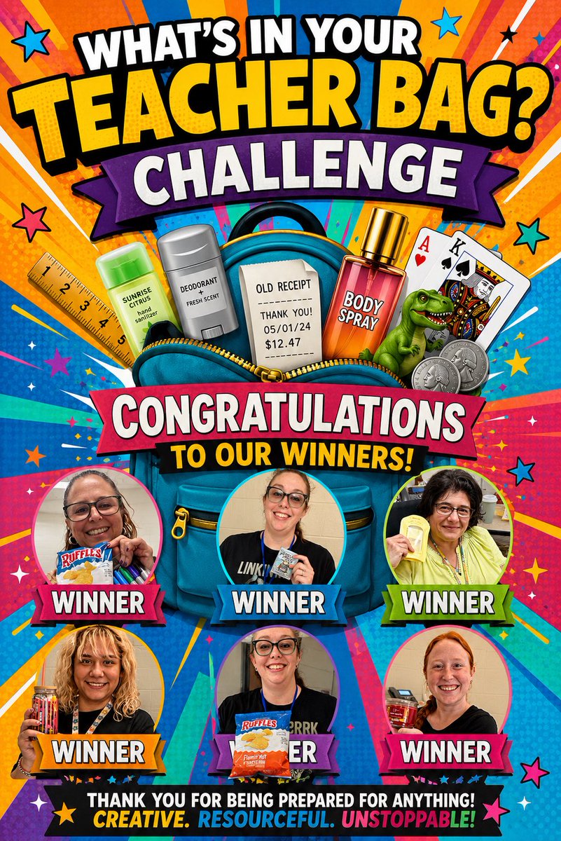 MrsDaniWright's tweet photo. The Gr8 Escape Day 6 - What’s In Your Teacher Bag? Challenge was FUNNY & STRANGE! We learned a lot about each other (maybe too much 😂)! #teacherfun #teacherbag #randomthings @HopperMS @KoachGreen #finalcountdown @HopperMSOrch https://t.co/J3q3shkGar