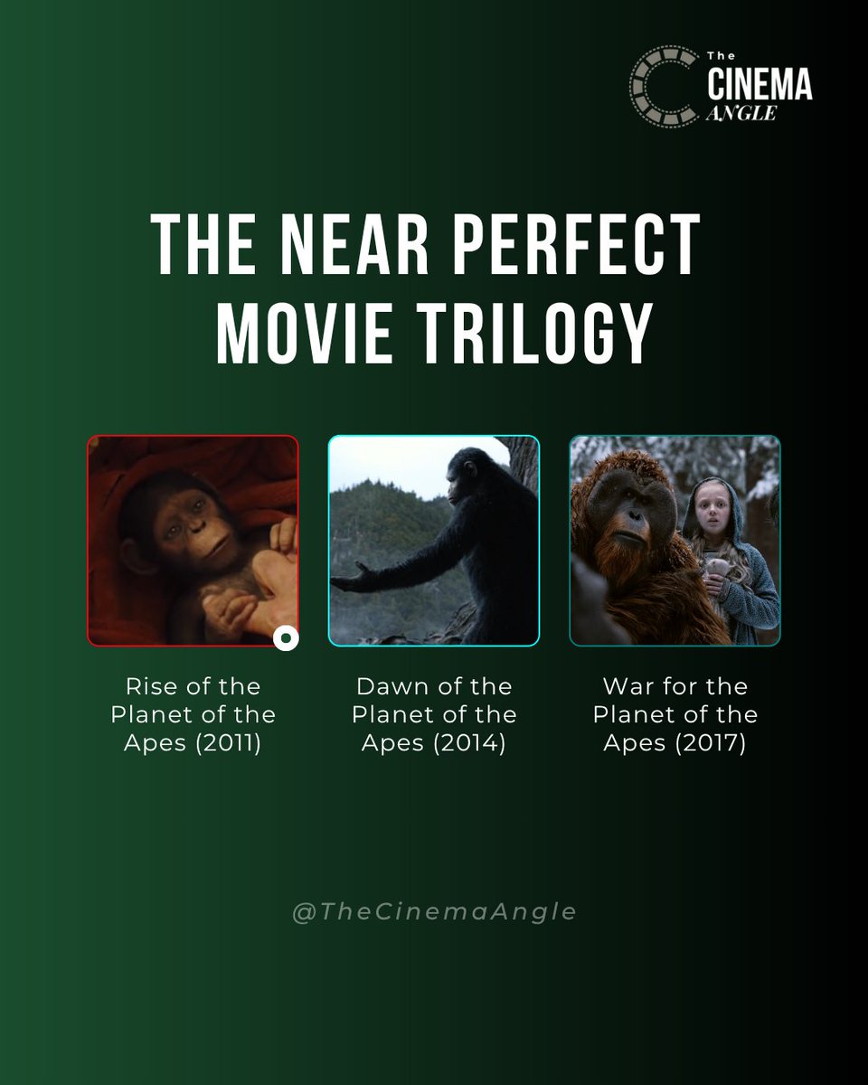 TheCinemaAngle's tweet photo. Almost every movie trilogy has that one bad film that ruins the set. 

But the Planet of the Apes is a rare masterpiece from start to finish. It gives Caesar the perfect beginning, struggle, and emotional end.

A near-perfect movie trilogy does exist. 🤫 https://t.co/DWbrfF3hzo