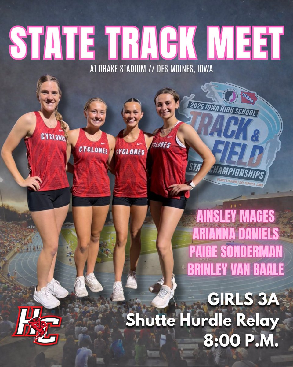 HCSDActivities's tweet photo. 🏃STATE MEET DAY 1 🏃
⭐️ 2026 Iowa Track and Field Championship
📍Drake Stadium in Des Moines
⏰ Estimated times are posted with correlating events.
＊＊＊Please note that times are subject to change. https://t.co/42ApGrkrcU