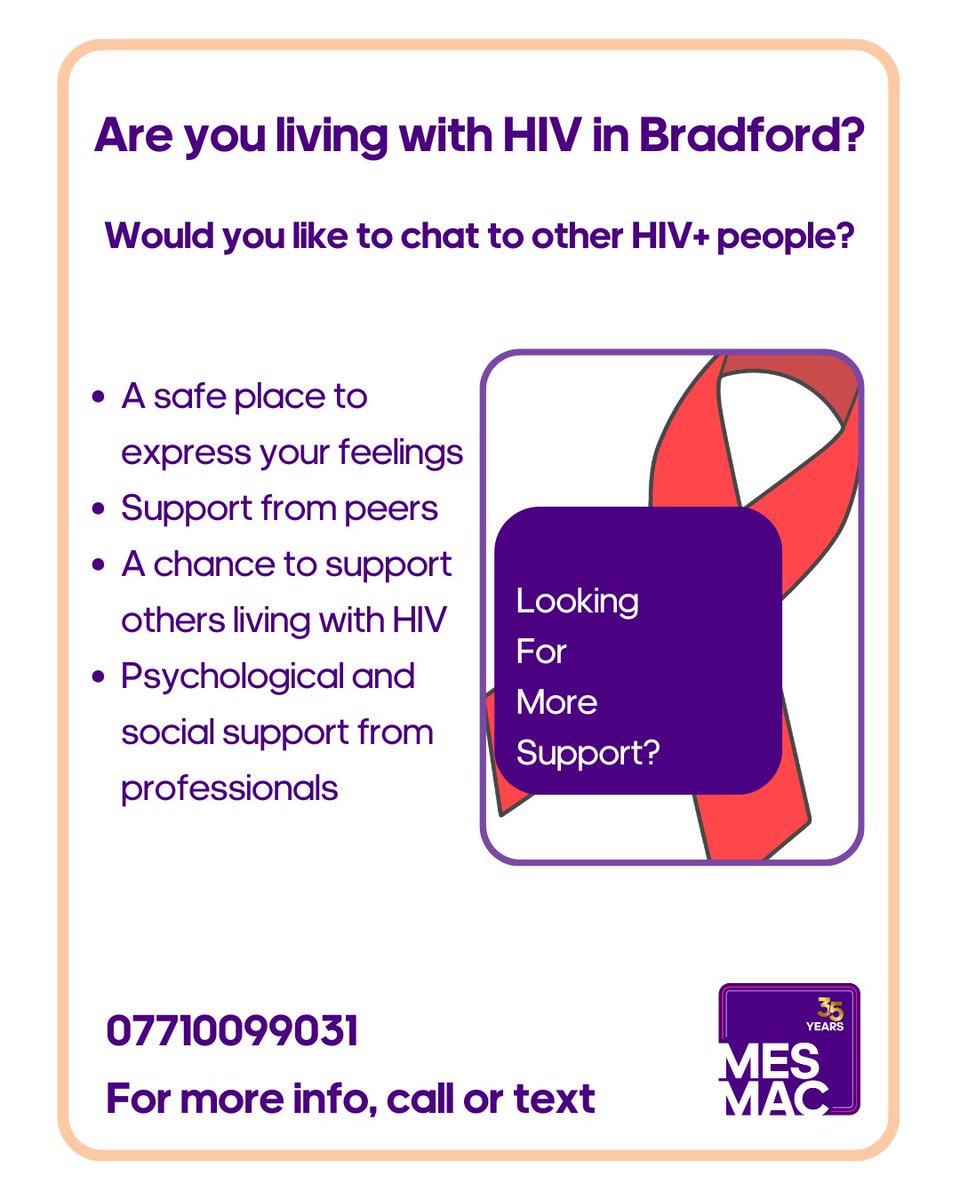 mesmachealth's tweet photo. Did you know we have a regular HIV support group running in Bradford city centre? A safe space to express your feelings, find support from your peers and professionals.

To join the group or for more info call / text: 
📞07710099031
 
#HIV #HIVPositive #HIVPrevention #EndHIVStigma #HIVAwareness #UEqualsU #KnowYourStatus #HIVWarrior #LivingWithHIV #peersupport #bradford #yorkshire #community #hiv+ #socialsupport