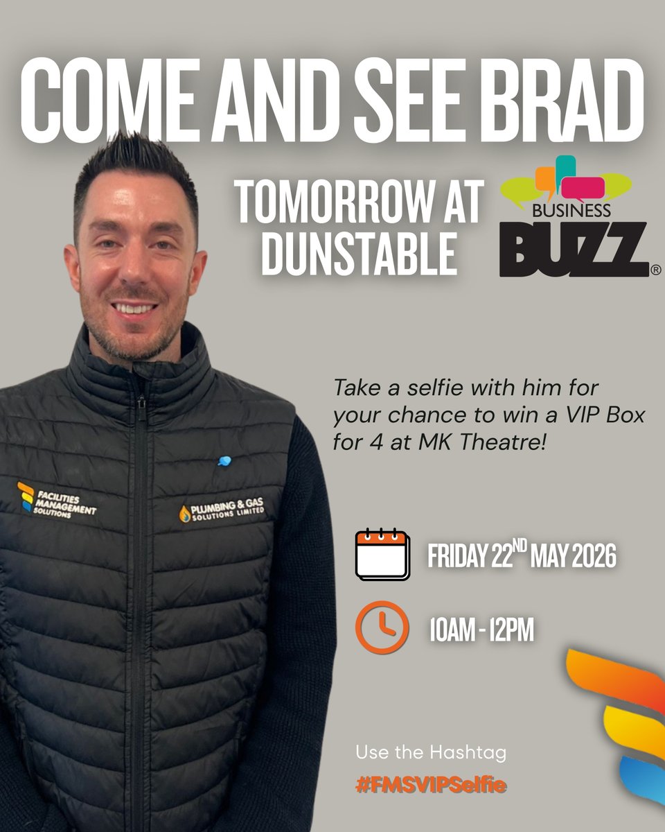 FMSolutionsMK's tweet photo. Our PM Bradley will be attending the Dunstable Business Buzz event, tomorrow.

If you’re attending, grab a selfie for your chance to win a VIP box for 4 people which is part of our @MKTheatre partnership campaign 🎭

Post your selfie on LinkedIn and use #FMSVIPSelfie to enter 🏆 https://t.co/Kskb29hLX2