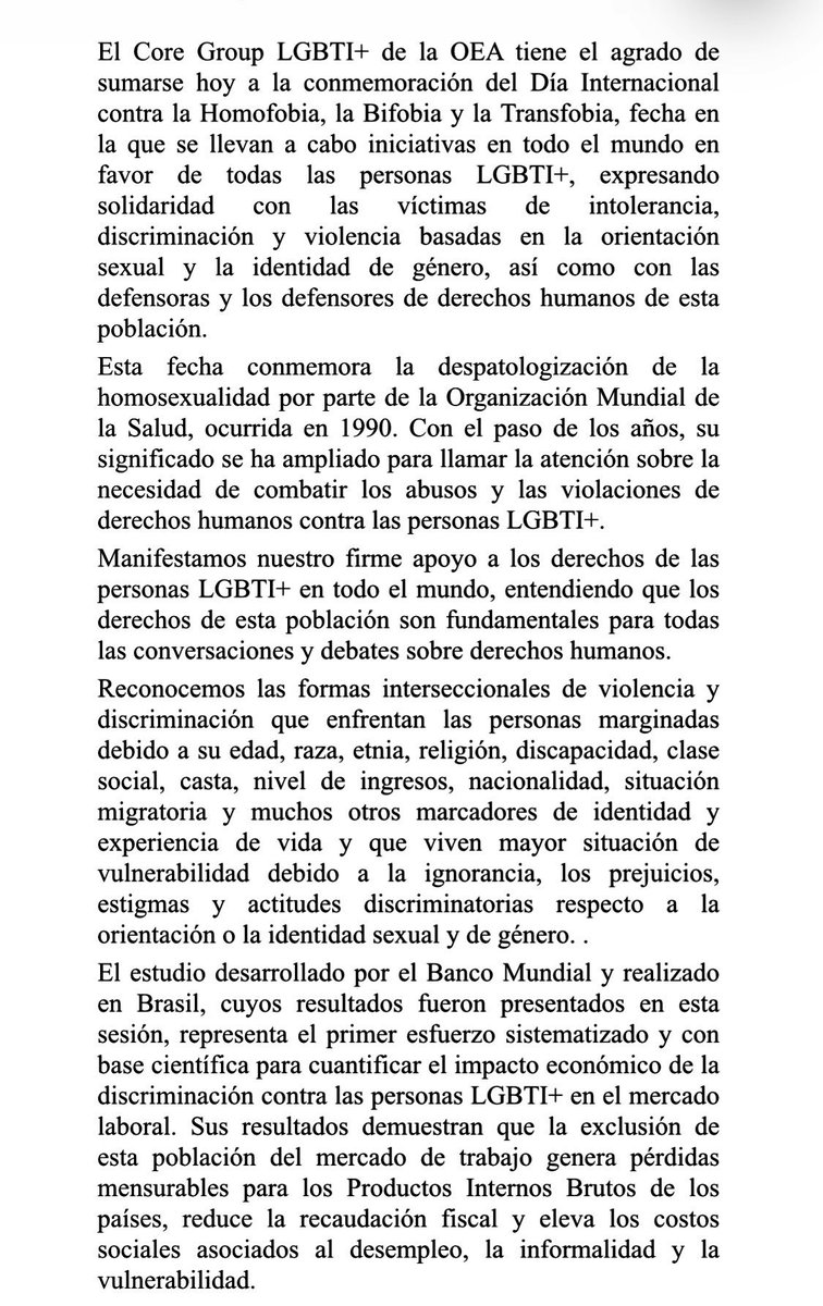 MisionMexOEA's tweet photo. México🇲🇽, como miembro del Grupo Núcleo LGBTI+ @OEA_oficial, promovió en @CP_OEA la conmemoración del Día Internacional contra la Homofobia, la Transfobia y la Bifobia #IDAHOBIT (17may). Conoce el  pronunciamiento conjunto leído por @Brasil_OEA 🇧🇷, coordinador del grupo, 🇲🇽🏳️‍🌈🏳️‍⚧️. https://t.co/EzpoLcUulh