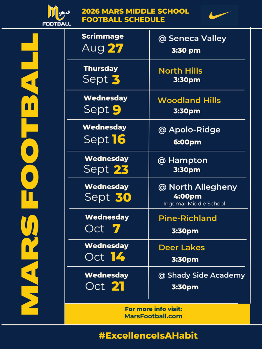 MarsHSFootball's tweet photo. Football is back! 💥💥

Our 2026 Middle School Football schedule has been finalized  🚀

#ExcellenceIsAHabit 👽🏈💪 https://t.co/dXPe6ODfIY