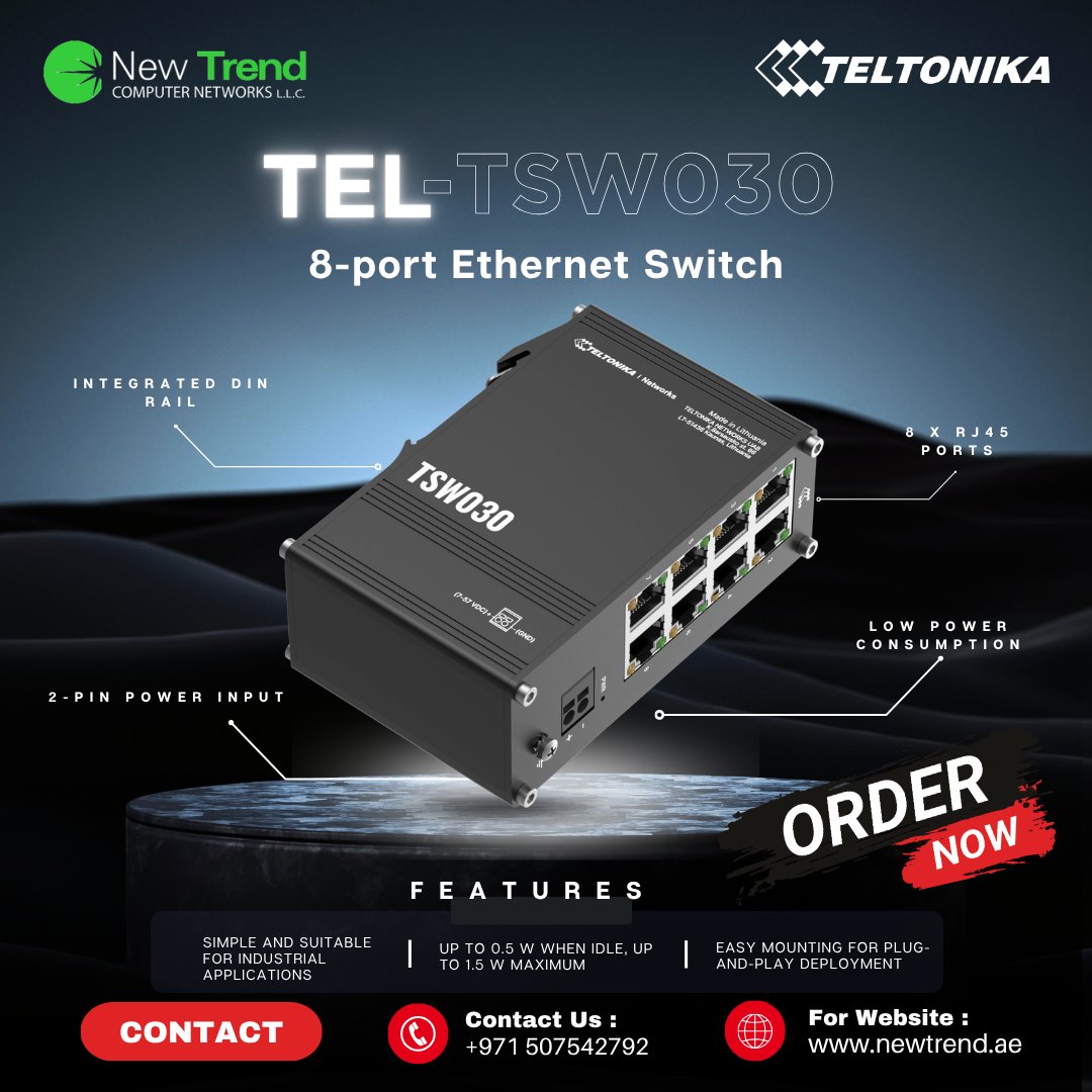 newtrendCN's tweet photo. TEL-TSW030

Compact, reliable, and efficient — the TSW030 unmanaged Ethernet switch delivers stable connectivity for industrial.

Visit: https://t.co/iT7nxxhV6j
Live chat: +971 507542792

#Teltonika #TSW030 #EthernetSwitch #IndustrialNetworking #NetworkSwitch https://t.co/dhJ3IMyKiY