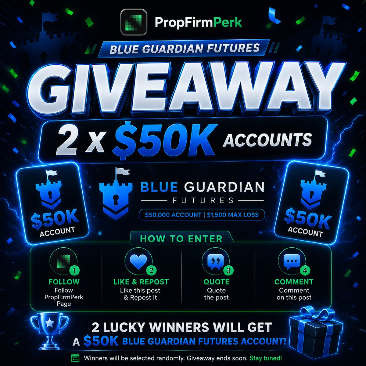 PropFirmPerk's tweet photo. Giving back to the trading community 💚

🎁 2X 50K Blue Guardian Futures Giveaway

Follow : @GuardianFutures  @PropFirmPerk 
Good luck everyone 🍀

Code PERK⚡ https://t.co/xpMvKVV6eu