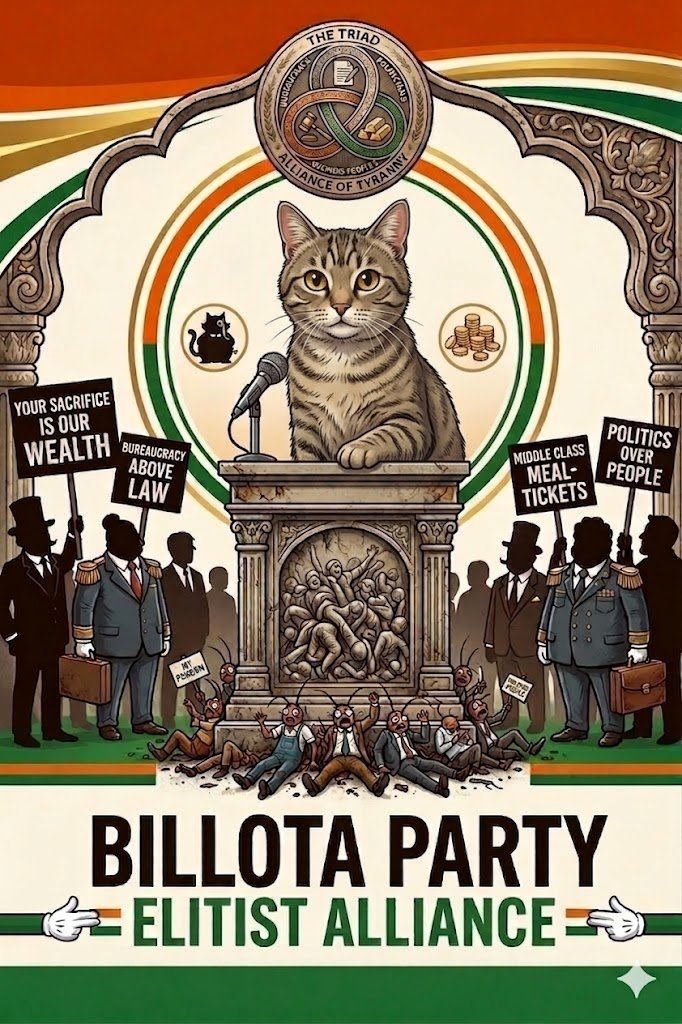 IAmRocketman035's tweet photo. @iArpitSpeaks Official Party Manifesto &amp; Core Agenda Our Greed Is Your Duty. Your Sacrifice Is Our Wealth.  We promote Free speech but only when our interests are served. We provide justice but only when it is just for us. All voices are equal but some Meows are more equal https://t.co/o4lr1AHoQb