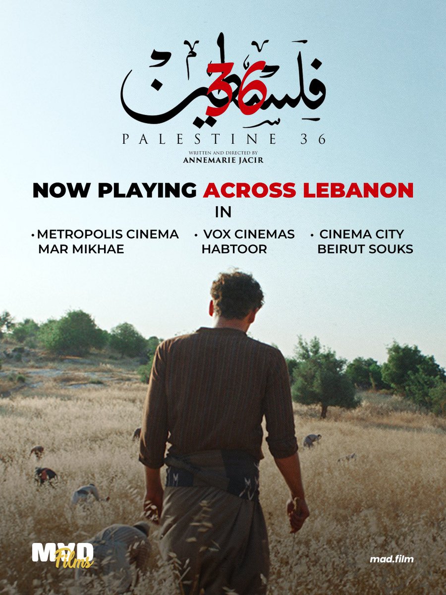 _madfilms's tweet photo. Now playing across Lebanon 🇱🇧🎬

Palestine 36 by Annemarie Jacir starts its theatrical run in Lebanon TODAY with screenings at Metropolis Cinema, VOX Cinemas Habtoor, and Cinema City Beirut Souks. ✨

Experience one of the year’s most talked-about Arab films on the big screen. https://t.co/6u32e6qmqc
