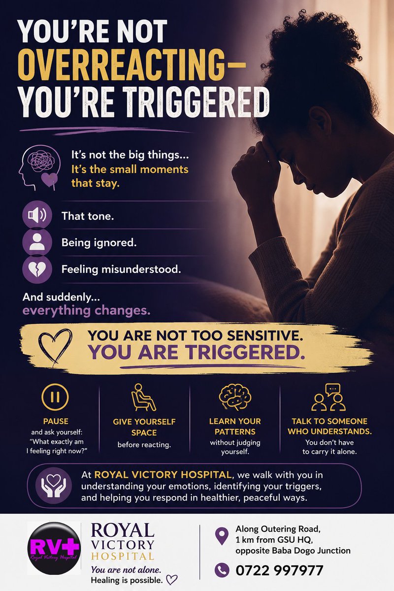 HospitalVictory's tweet photo. You’re not overreacting—you’re triggered.

Sometimes it’s the small things… the tone, the silence, the memories we thought we healed from.

Pause. Breathe. Understand your triggers.
Healing starts with awareness.
You are not alone. 💜
#MentalHealthAwareness #HealingJourney https://t.co/83o0lmEb37
