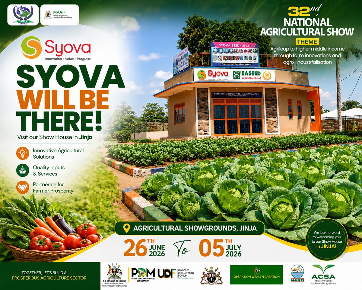 a_syova's tweet photo. π±π₯ Meet us at the 32nd National Agriculture Show β Jinja!
π
26th June β 5th July 2026
High-yield hybrids, live demo gardens, expert agronomy & trusted agrochemicals β all in one place.
See it. Learn it. Grow profit.
π 0778884885 | 0700399409
#SyovaSeedUG #FarmForProfit https://t.co/3Vjq4A78ss