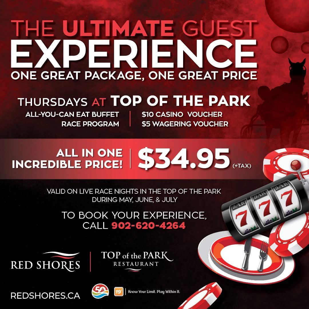 Red_Shores's tweet photo. Top of the Park is serving up the Ultimate Guest Experience with live harness racing, an all-you-can-eat buffet, casino voucher, and more, all bundled  into one incredible night for just $34.95.

Spots fill quickly, so book your experience today at 902-620-4264.

19+ https://t.co/tDAKdlwqtE