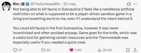 2PACZITO's tweet photo. @FNCVessel @Subnautica Literally a tweet showed up above yours that explains the whole issue perfectly.
Nobody wants a Doom but underwater people want options.
Especially the part where in Subnautica the creatures could be killed with a lot of effort it wasn’t really viable, but it was still an option. https://t.co/4XIMusGwdq